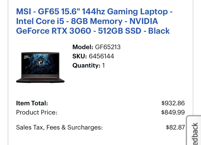 MSI GF65 144hz Gaming Laptop Intel Core i5 8GB Memory