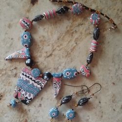 Handcrafted Polymer Southwest Desert Necklace And Earrings Set. Lightweight. Surgical Stainless Steel Hooks.