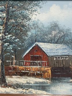 oil painting Winter farm house in the woods landscape signed