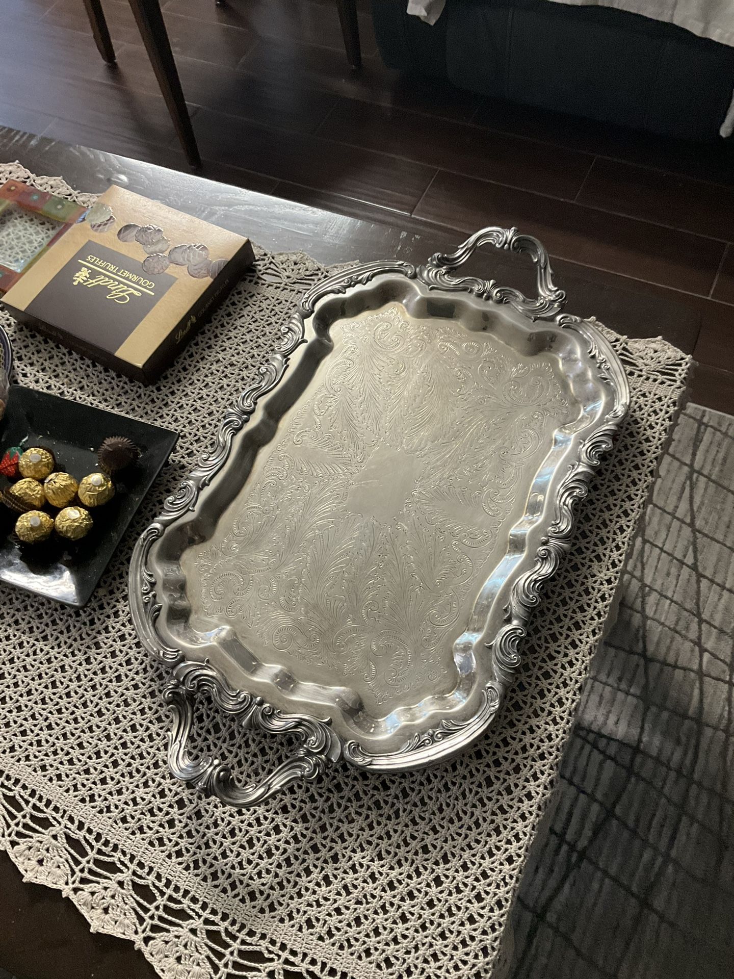 Beautiful silver plated 30” x 14 1/4” heavy service tray with handles and four legs