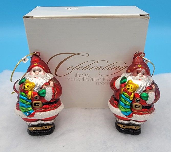 Two Vintage Santa with Stocking Blown Mercury Glass Ornaments from House of Lloyd