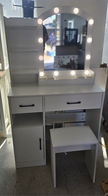 Makeup Vanity Table Set with 3-Color Dimmable Lighted Mirror, Storage Shelves & Drawers, Stool