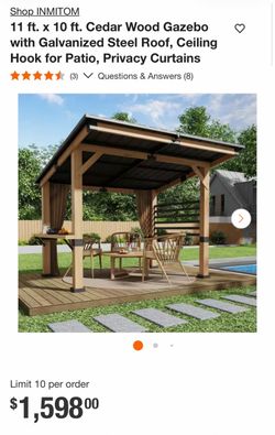Shop INMITOM 11 ft. x 10 ft. Cedar Wood Gazebo with Galvanized Steel Roof, Ceiling Hook for Patio, Privacy Curtains