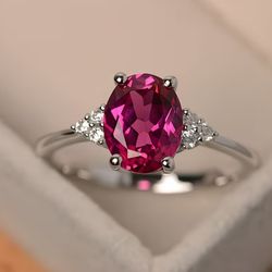 Pretty Raspberry Pink Oval Shaped Silver Tone Ring