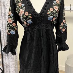Black Embroidered Floral Mini Dress