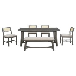 TREXM 6-piece Retro Farmhouse Style Dining Set, Rectangular Table and 4 Upholstered Chairs with Rattan and Bench for Dining Room and Kitchen (Gray)
