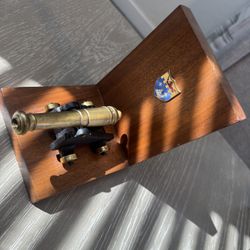 Decorative Brass Cannon on Wooden Base