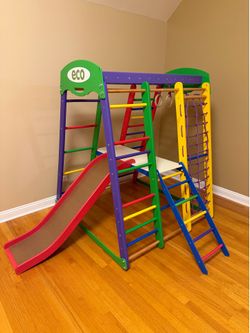 Wooden Playground with Slide, Climbing Net, Rings, Climbing Wall