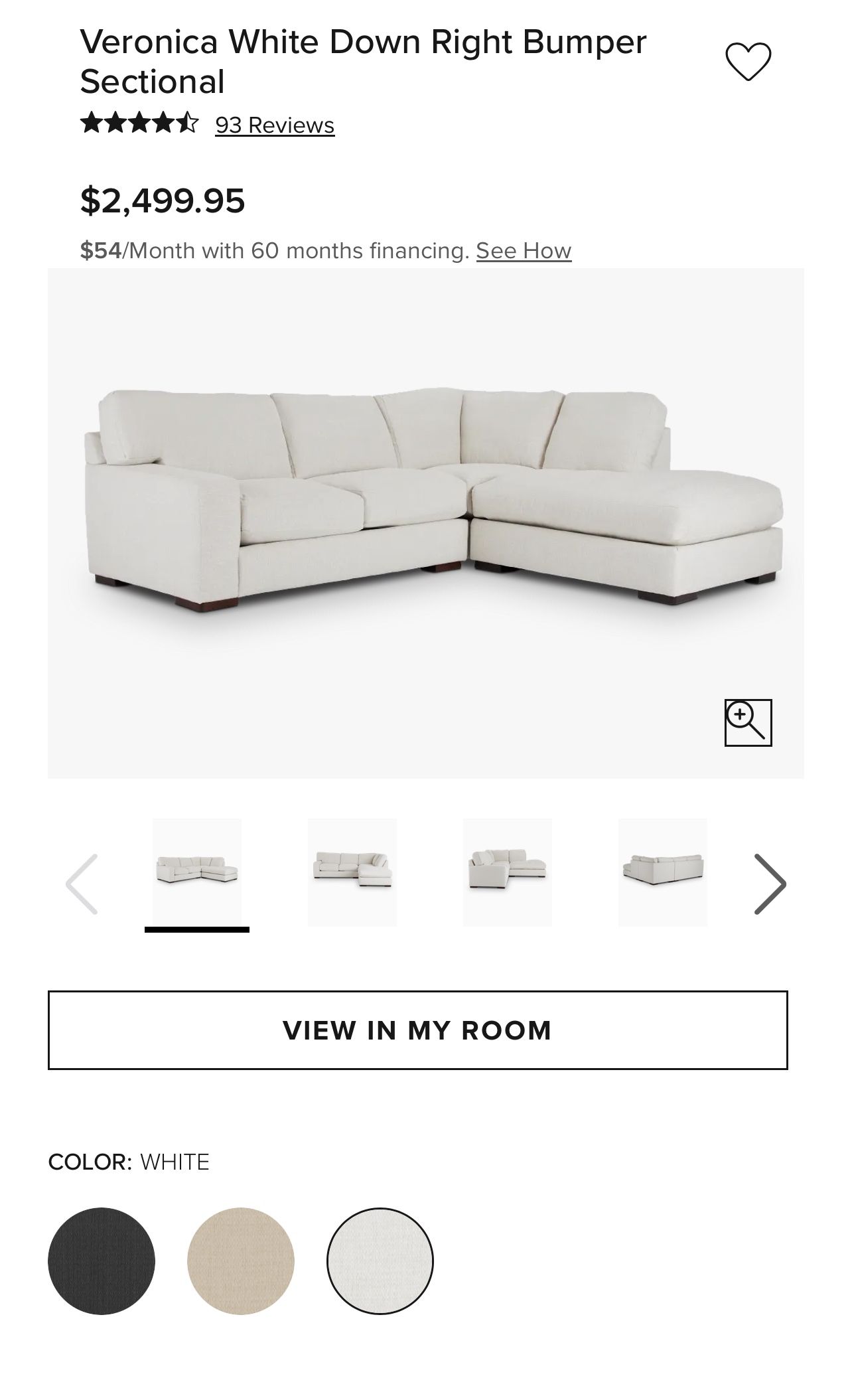 Veronica White Down Right Bumper Sectional Couch