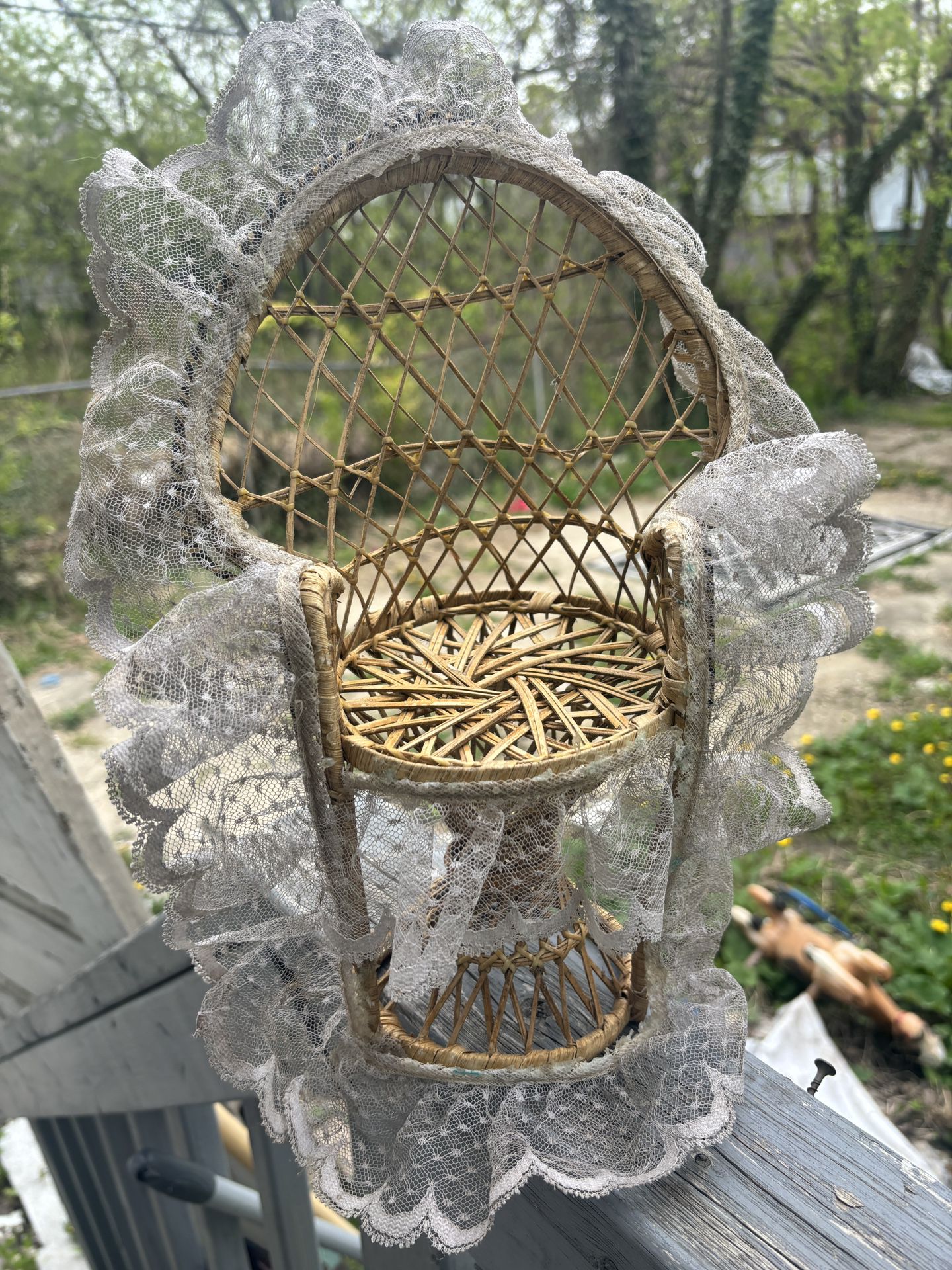 Vintage Wicker Mini Peacock Chair With Ruffles 