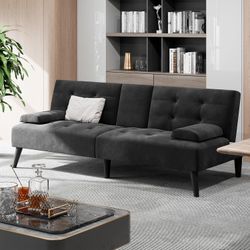 New Modern Futon Sofa Bed, Velvet Foldable Couch Reclining Sleeper w/Removable Armrests, Upholstered Loveseat w/Folding Cup Holders for Home, Office, 
