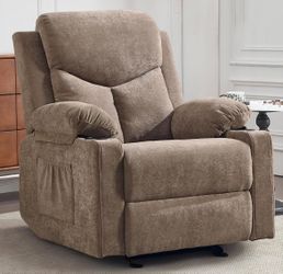 Massage Rocker Recliner Chair for Adults (Coffee) Overstuffed Design, Cup Holders, Side Pockets,Upholstered Comfy Soft Fabric Living Room Reclining So