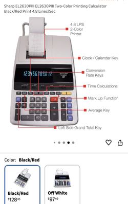 Sharp EL2630PIII EL2630PIII Two-Color Printing Calculator Black/Red Print 4.8 Lines/Sec