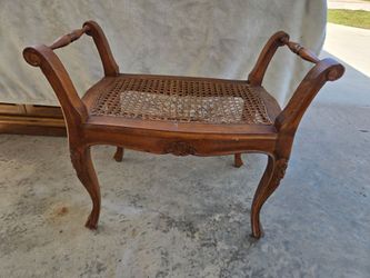 Vintage Carved Wood Cane Seat Vanity Bench