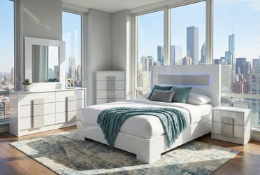 Complete white bedroom set with LED lights at a great price. $100 down payment. Ask for price.