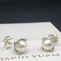 David Yurman Sterling Silver freshwater Pearl& Diamonds Earrings 