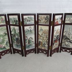 Asian Mini Tabletop 6 Panel Ceramic Folding Divider 2 Sided Flowers



