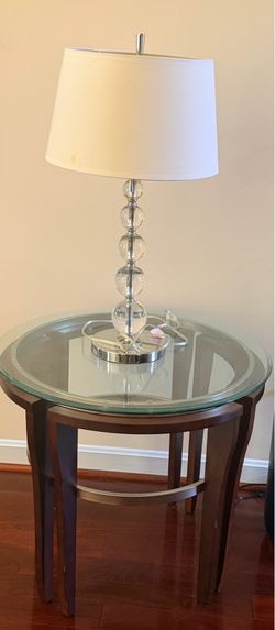 Round thick glass & wood end table - 2 available