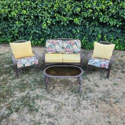 Set of 4 _ Outdoor Conversation Set _ Wicker Rattan Bench Chair Dining Lounge Yard Patio Furniture