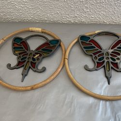 A pair 2 cast iron stained glass butterfly with ring , the ring diameter is 5.50”  You  see it here , it is available  these are vintage  Never used .