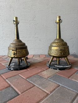 Antique brass marble lamp pair