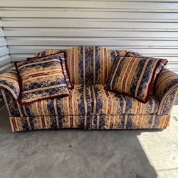 Gold Blue Upholstered Loveseat Couch with Accent Pillows 