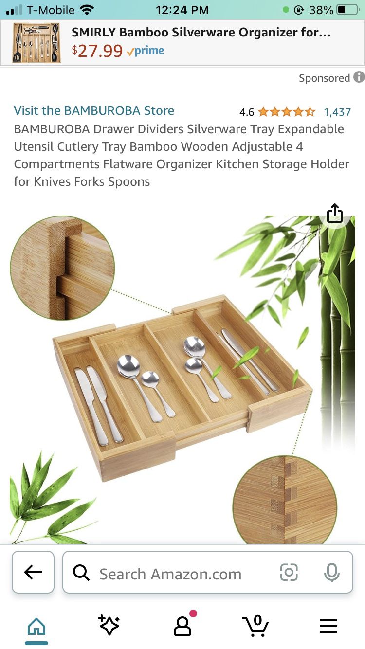 Bamboo Wooden Adjustable Flatware Organizer.