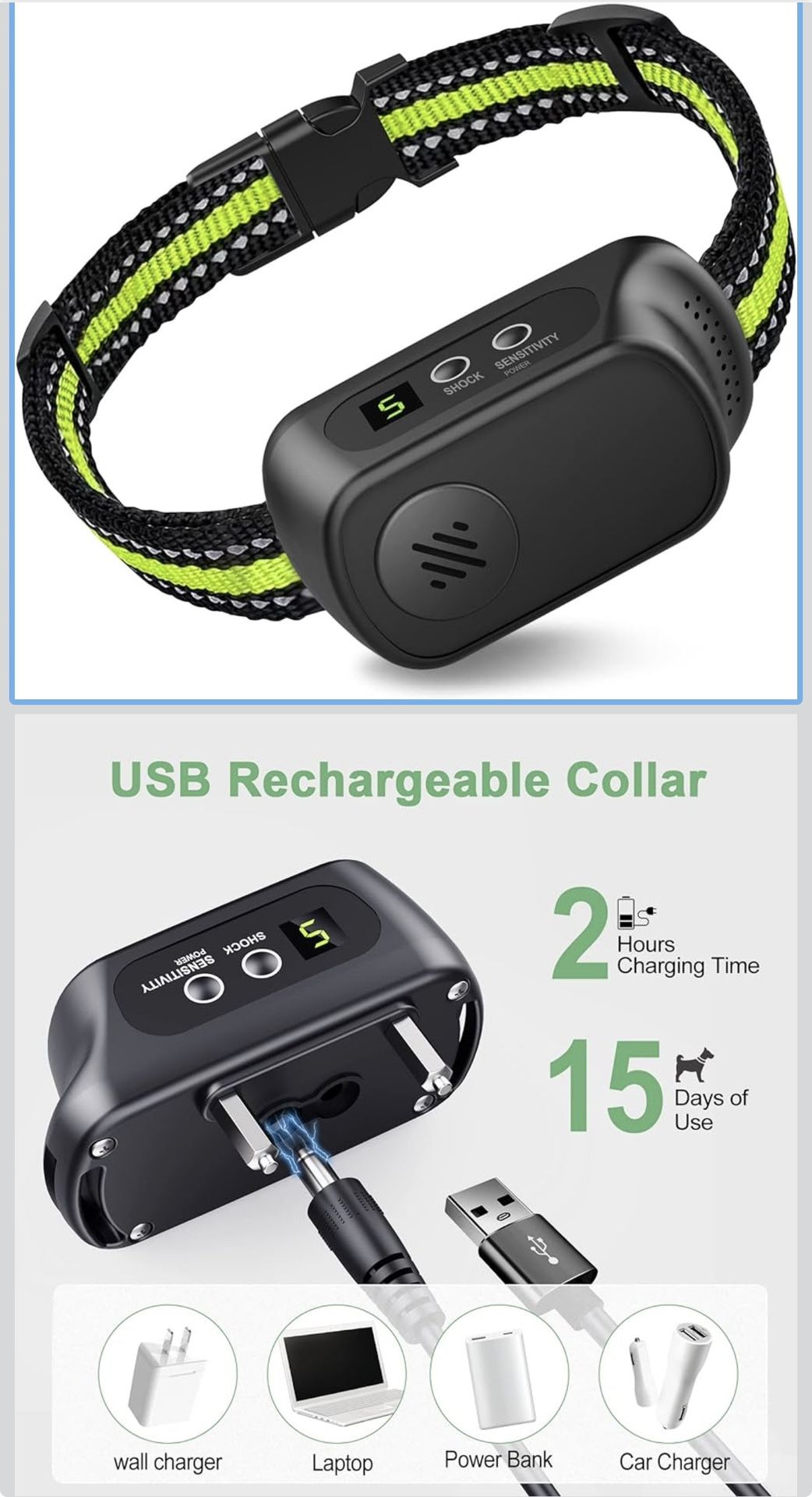Rechargeable Dog Bark Collar with Beep Vibration and Shock,Anti Barking Collar for Small Medium Large Dogs, Humane Dog Training Device with 5 Adjustab