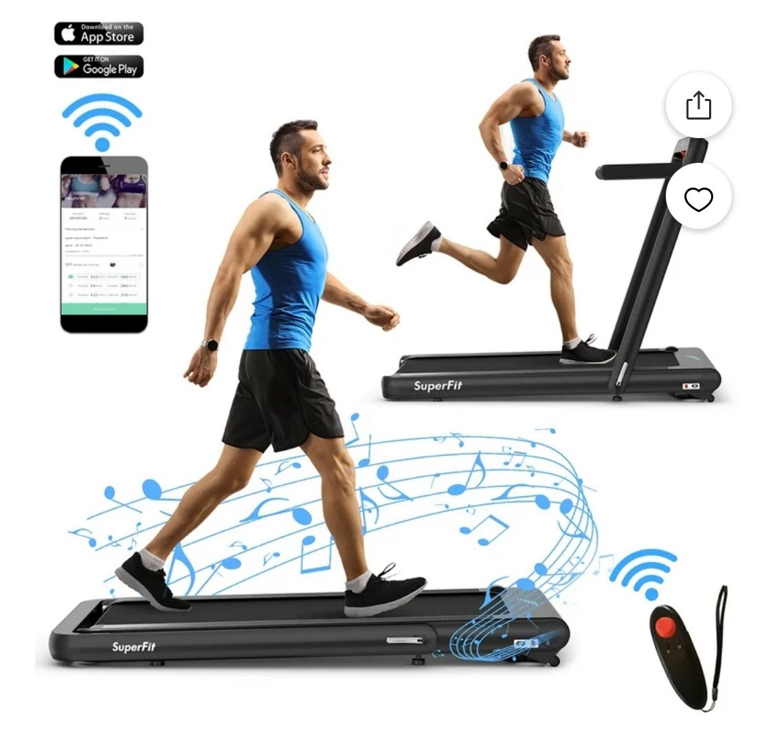 SuperFit 4.75HP 2 In 1 Folding Treadmill W/Remote APP Control Black