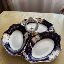 cobalt blue & gold divided serving dish with center handle 