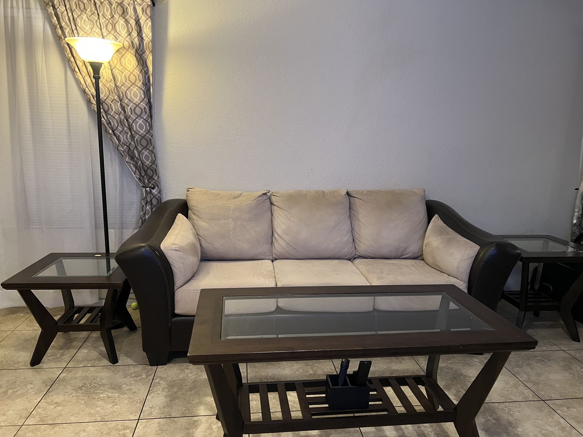 Sofa With 2 End Tables, Coffee Table, & Tall Lamp