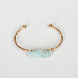 Wire Wrapped Natural Amazonite Gemstone Gold Tone Cuff Bangle - Bohemian Style 