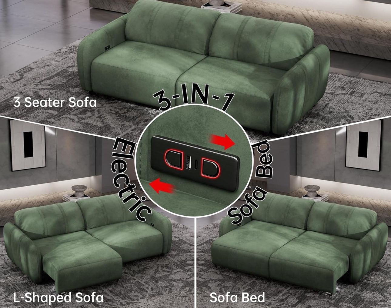 98.5" Modern Electric Slide Sleeper Couch Green Sueded Faux Leather Twin XL Size Pull Out Sofa Bed Living Room Sectional