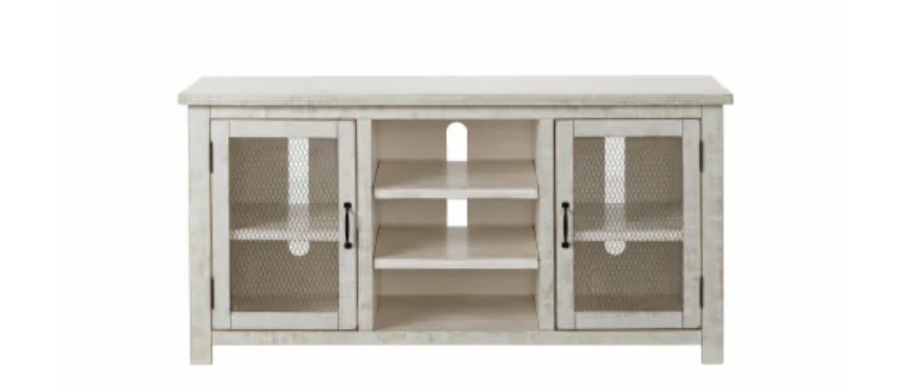 60 Inch Rustic Wooden TV Stand with Mesh Design, Antique White