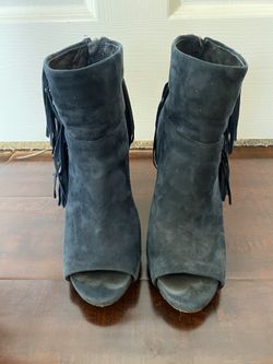 Vince Camuto Blue Suede Bootie Heels with Fringe