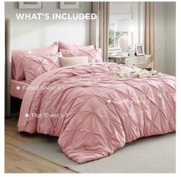 bedsure Pink Pinch Pleat Comforter Set 7-Piece 82x86