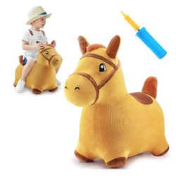 iPlay, iLearn Bouncy Pals Yellow Hopping Horse, Outdoor Ride on Bouncy Animal Play Toys, Inflatable Hopper Plush Covered W/Pump, Birthday Gift for 18 