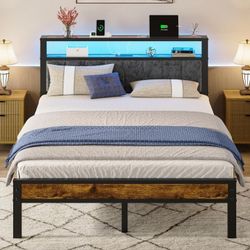 Queen Size Bed Frame with 2-Tier Storage Shelves Headboard, Platform Bed with Charging Station