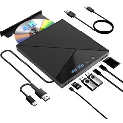 NEW 7 in 1 External Blu Ray Drive, 4k Blu Ray Burner with USB 3.0 Type-C Portable Blu Ray Drive, CD DVD Burner 3D BD Player with SD/TF Ports, 4k Optic