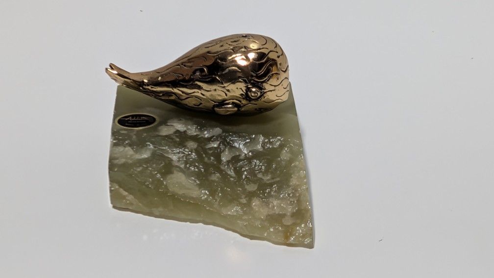 Joseph Addotta Brass Whale Sculpture on Green Onyx Base Vintage Collectible Art