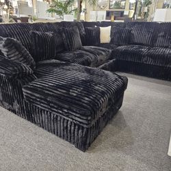 Brand New Black Soft Jumbo Corduroy  LHF Fabric U-Shaped Pull Out Sectional Sofa w/ Storage Chaise + Pillows