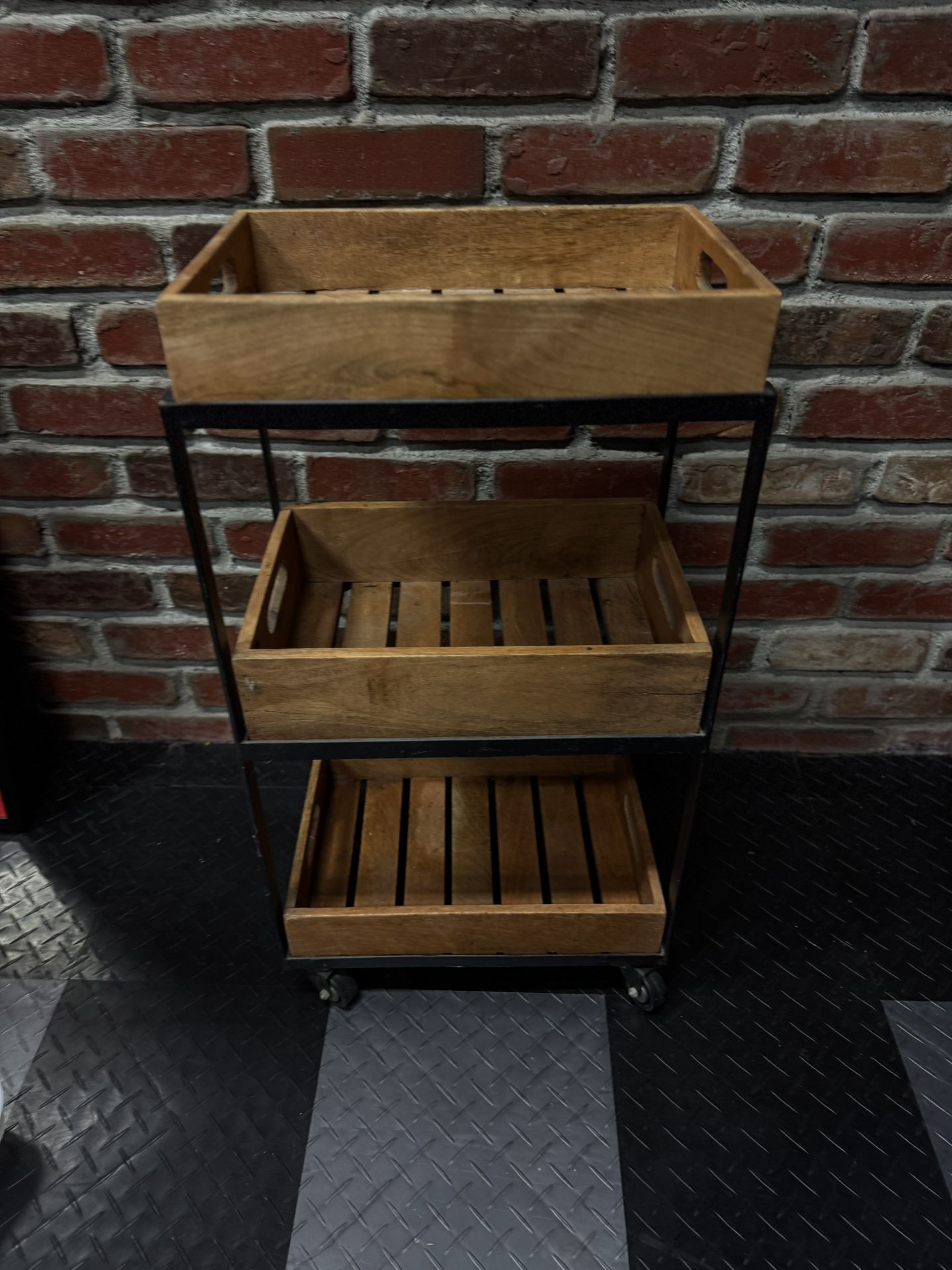 Rolling Steel And Wooden Cart 36”x12x16Donna Sculpture From Murano