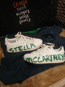 STELLA McCARTNEY WHITE LEATHER SNEAKERS WITH GREEN MARKER