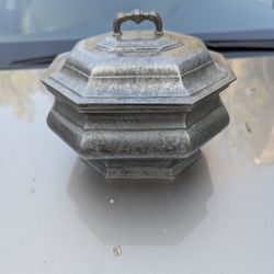 Antique Italian Pewter Box with Hinged Lid. Large Pewter Bowl Trinket or Jewelry Box.