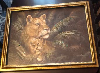 Jungle Lion with cub in palm leaves print-"Protective Love"