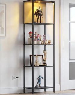 Display Shelf with Light, 5-Tier Bookcase for Collectibles Dimmable Display Cabinet, Wood & Metal Frame Bookshelf Rack for Perfume, with 3-Color Light