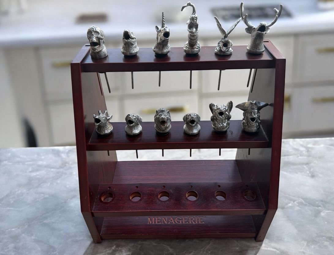 Menagerie Themed Metal Wine Pourers-Set of 12 with Wood Base Used Good Condition
