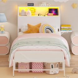 Modern Twin Size Bed Frames with Charging Station & LED Light