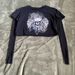 Black long sleeve crop top with skull design