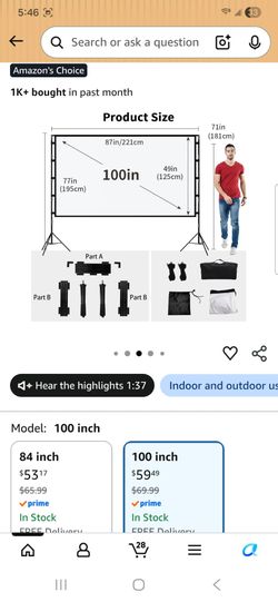 Proiector Screen with Stand, 100 inch Outdoor Proiector Screen Portable Indoor Proiection Screen 16:9 4K Rear Front Movie Screen with Carry Bag for Ho